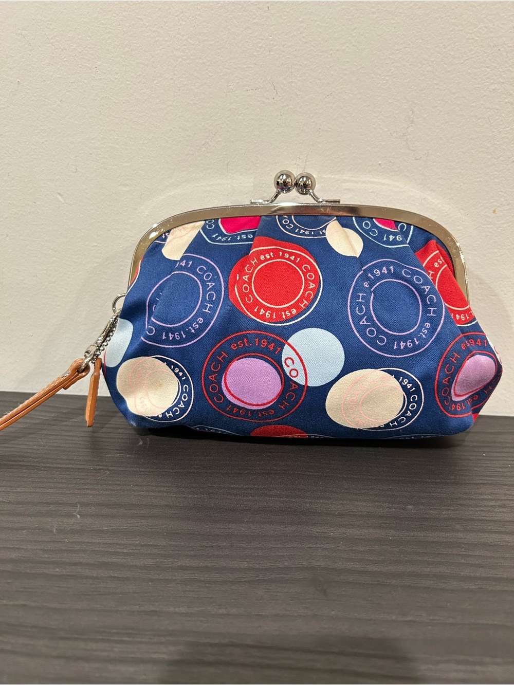 Coach Kiss Lock Closure - Blue Satin Circles and Polka Dot Wristlet/Clutch EUC